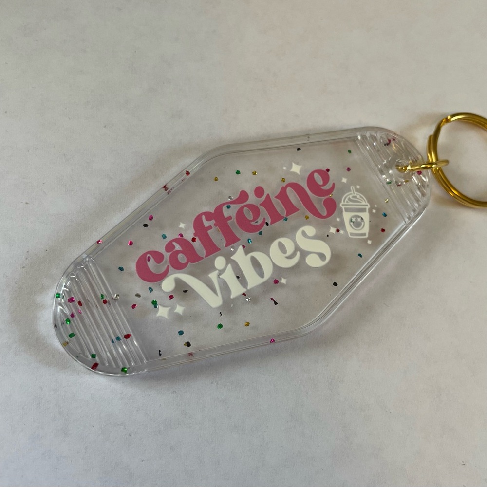 Hotel Style Key Chain- Glitter Clear “Caffeine Vibes”